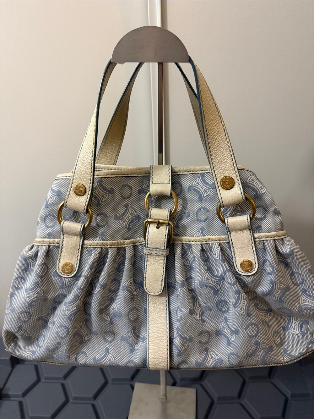 Celine Cream & Light Blue Monogram Shoulder Bag